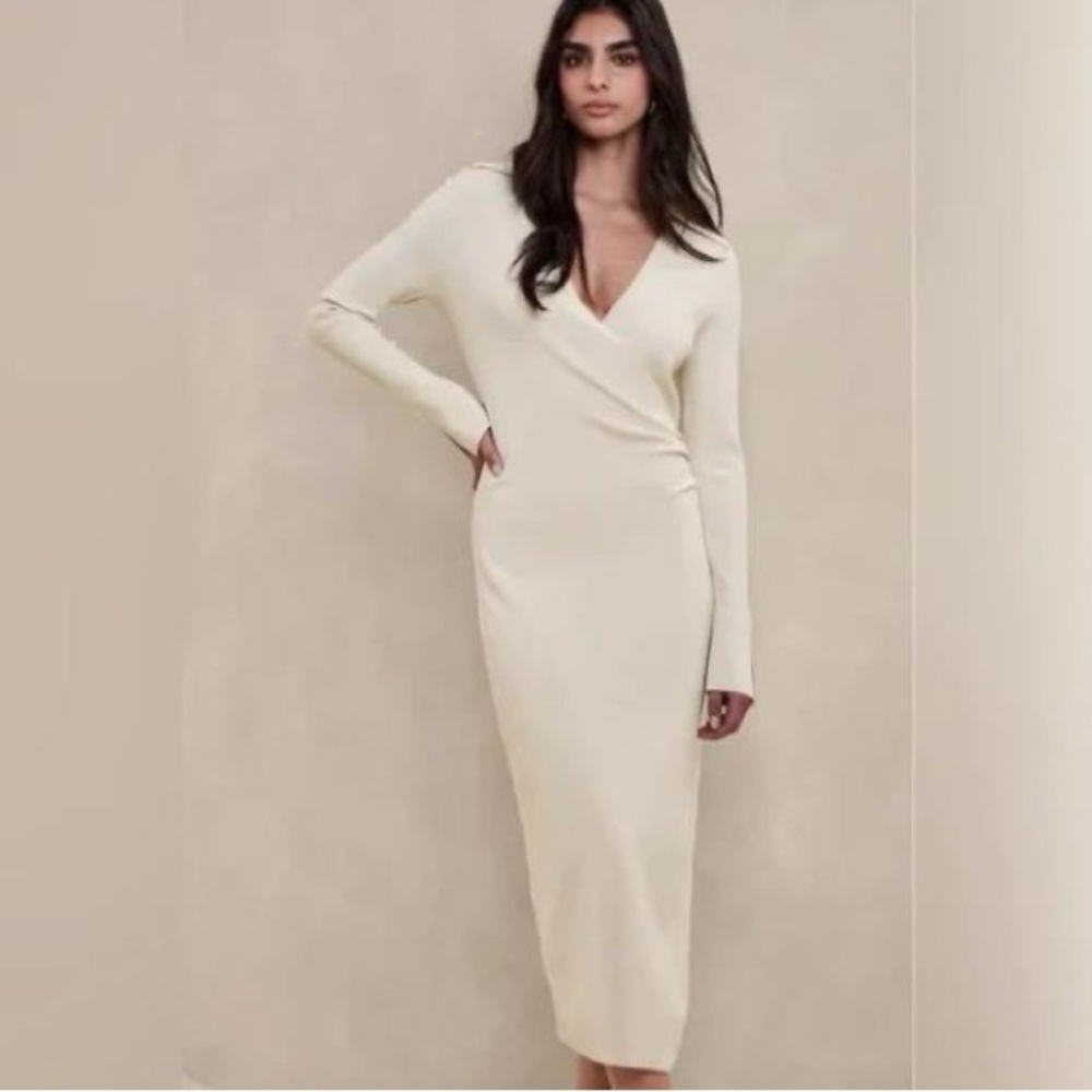 Banana Republic Ghita CreamPolo Wrap Sweater Midi Dress Size Large